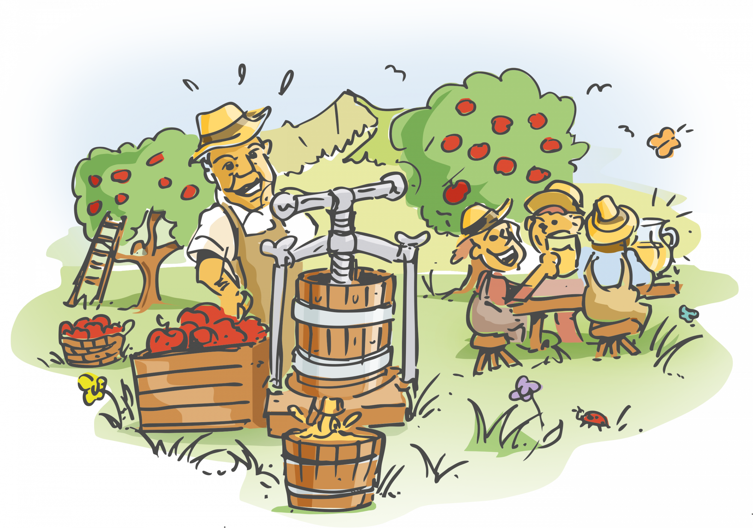 Ilustration: Obstgarten mit Saftpresse